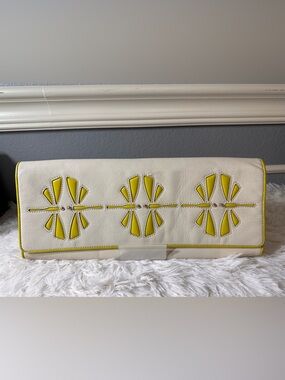Kate Spade Women's White Leather Clutch with Yellow Dragonfly Inset Detail